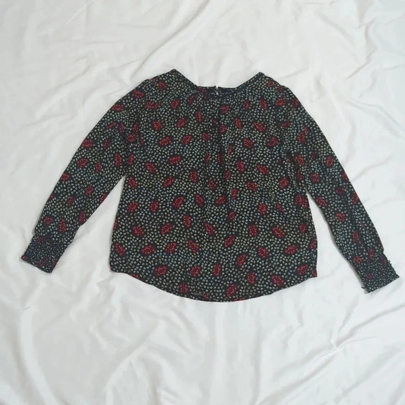 Loft Floral Lace Trim Smocked Cuff Blouse, Color Black/Turquoise/Red Size SP - Picture 2 of 15